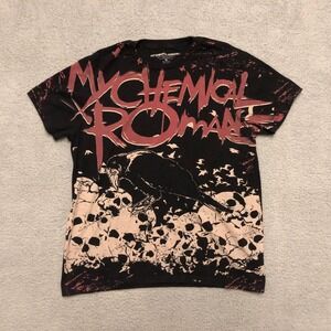 Grail My Chemical Romance MCR Crow Skulls AOP Graphic T-Shirt Black Red Sz Med